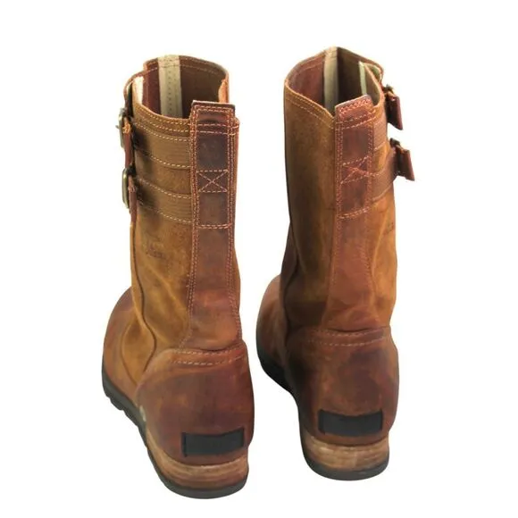 Sorel BROWN GENUINE LEATHER LOW HEEL ROUND TOE FLAT BUCKLE BELTED BOOTS Sz 8