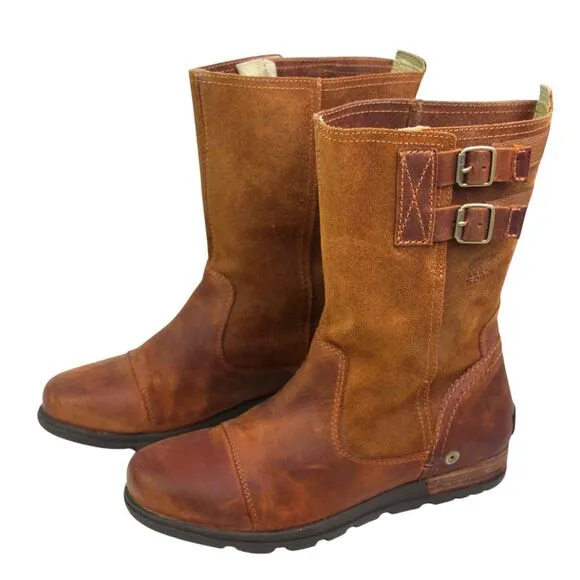 Sorel BROWN GENUINE LEATHER LOW HEEL ROUND TOE FLAT BUCKLE BELTED BOOTS Sz 8