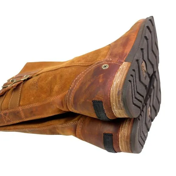 Sorel BROWN GENUINE LEATHER LOW HEEL ROUND TOE FLAT BUCKLE BELTED BOOTS Sz 8