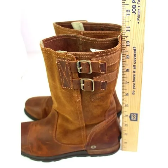 Sorel BROWN GENUINE LEATHER LOW HEEL ROUND TOE FLAT BUCKLE BELTED BOOTS Sz 8