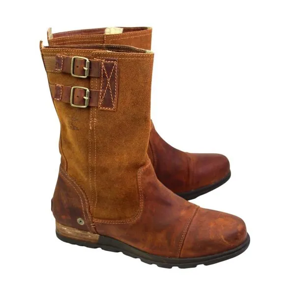 Sorel BROWN GENUINE LEATHER LOW HEEL ROUND TOE FLAT BUCKLE BELTED BOOTS Sz 8