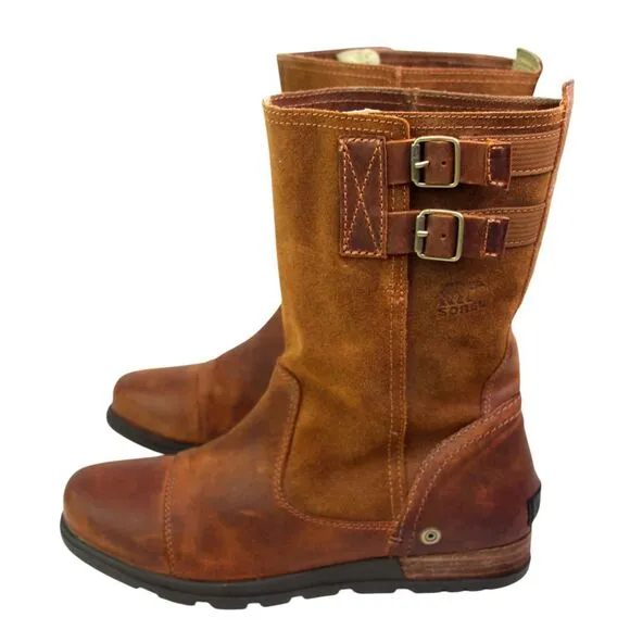 Sorel BROWN GENUINE LEATHER LOW HEEL ROUND TOE FLAT BUCKLE BELTED BOOTS Sz 8