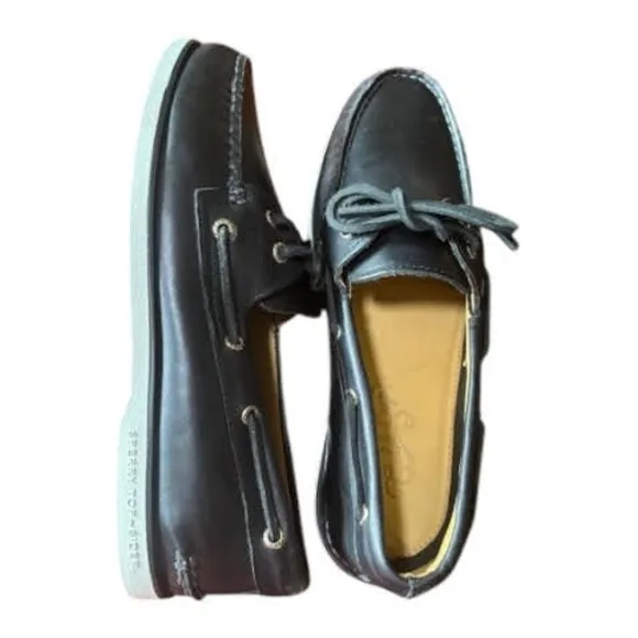 Sperry Black Leather Boat Shoes with Moccasin Stitching Size 10