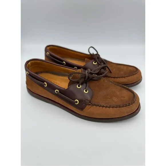 Sperry Mens Brown Top-Sider Lambskin Leather Two Tone Lace Up Boat Shoes Size 11