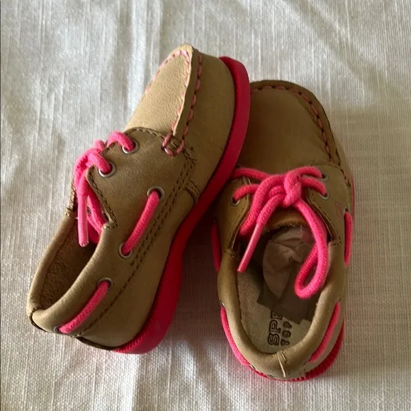 Sperry Tan and Pink Moccasin Shoes with Nautical Stitching