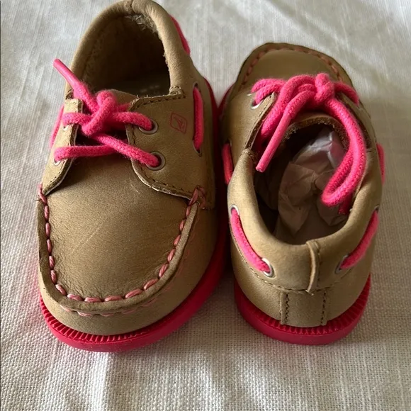 Sperry Tan and Pink Moccasin Shoes with Nautical Stitching