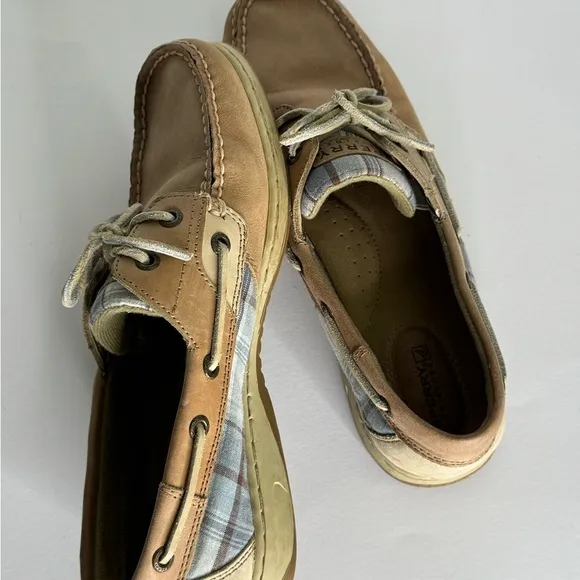 Sperry Top Side with Blue plaid Tan Boat Shoes and Non-Slip Sole