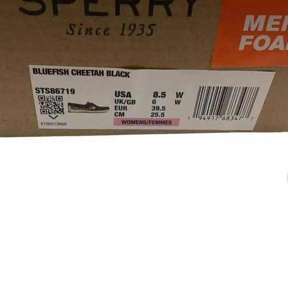 Sperry Top-Sider Boat Shoes Womens 8.5W Black Bluefish Cheetah Leather NEW