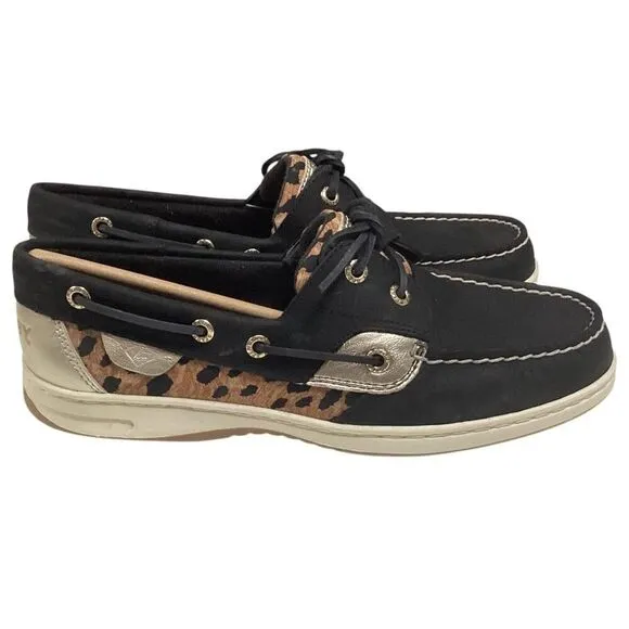 Sperry Top-Sider Boat Shoes Womens 8.5W Black Bluefish Cheetah Leather NEW