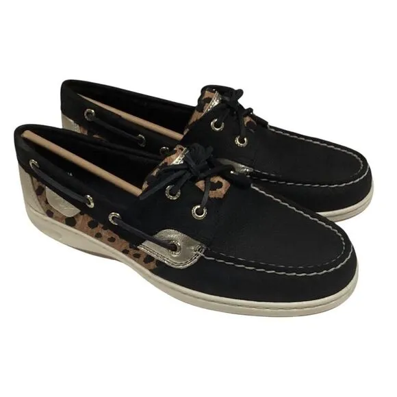 Sperry Top-Sider Boat Shoes Womens 8.5W Black Bluefish Cheetah Leather NEW