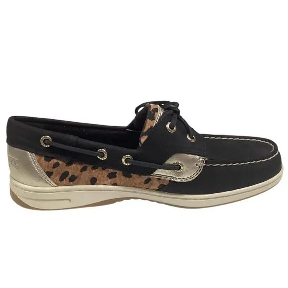 Sperry Top-Sider Boat Shoes Womens 8.5W Black Bluefish Cheetah Leather NEW