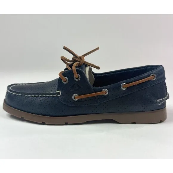 Sperry Top-Sider Leeward 2-Eye Mens 8 Wide Navy Blue Perforated Boat Shoes