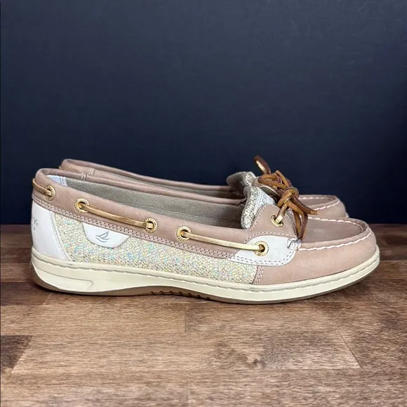 Sperry Women's Tan and Gold Sparkle Boat Shoes Size 7.5