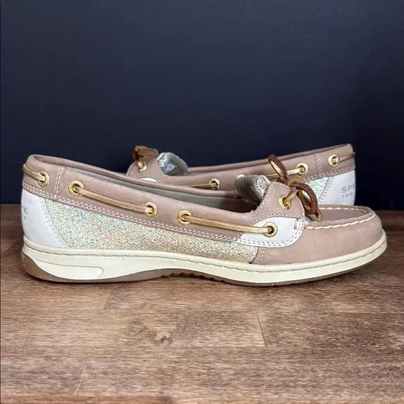Sperry Women's Tan and Gold Sparkle Boat Shoes Size 7.5