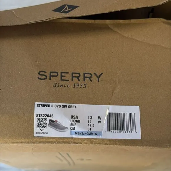 SPERRY Striper II CVOVulcanized Sneaker Flat Heel Grey Canvas 13 NWT in box