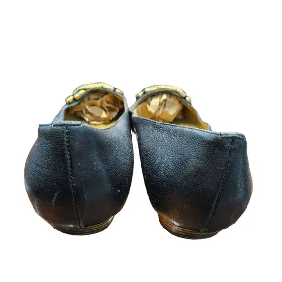 St John Vintage Black Leather Flats Gold Hardware Size 11