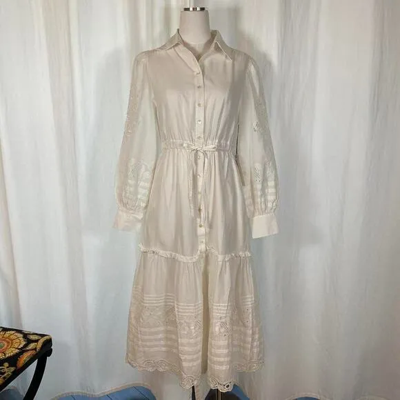St. Roche Darcy Midi Shirt Dress Cotton Crochet Eyelet Embroidered Milky White 6