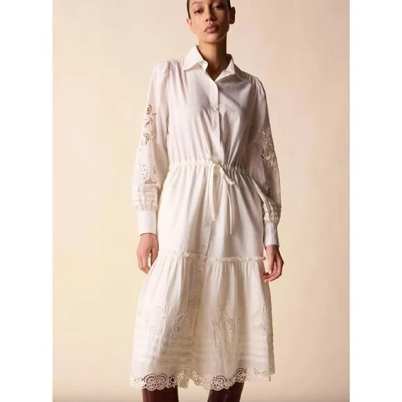 St. Roche Darcy Midi Shirt Dress Cotton Crochet Eyelet Embroidered Milky White 6
