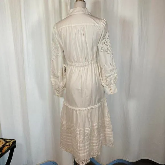 St. Roche Darcy Midi Shirt Dress Cotton Crochet Eyelet Embroidered Milky White 6