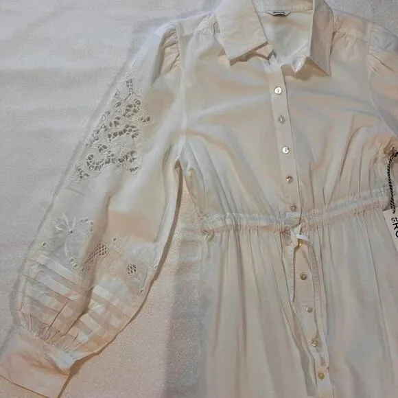 St. Roche Darcy Midi Shirt Dress Cotton Crochet Eyelet Embroidered Milky White 6