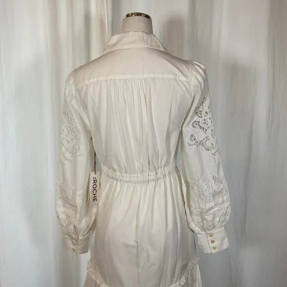 St. Roche Darcy Midi Shirt Dress Cotton Crochet Eyelet Embroidered Milky White 6