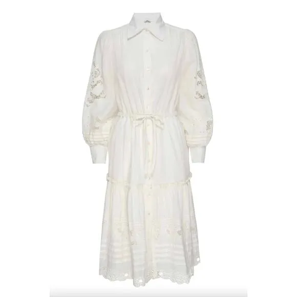 St. Roche Darcy Midi Shirt Dress Cotton Crochet Eyelet Embroidered Milky White 6