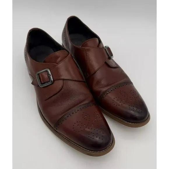Stacy Adams Men's Leather Monk Strap Dress Shoes 10M Brown Brogue Cap Toe