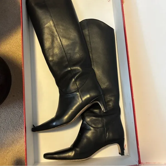 STAUD Wally Black Heeled Boots with Sleek Leather Finish 7.5