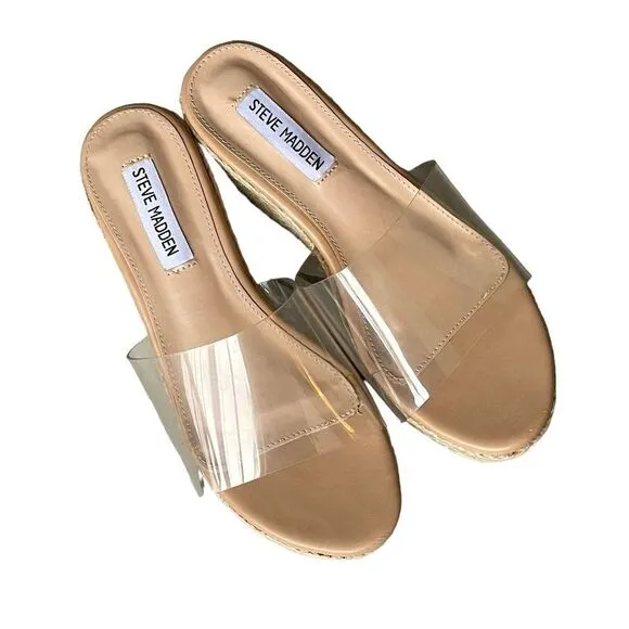 STEVE MADDEN Clear Strap Wedge Espadrilles Sandals Tan 38