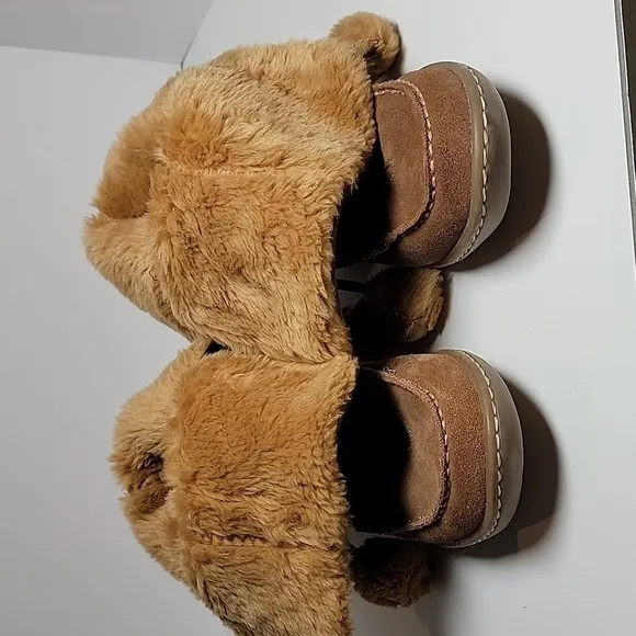 Steve Madden P-Pop Boots Moccasins Suede Faux Fur Tie Pompoms Mid-Calf Brown 7