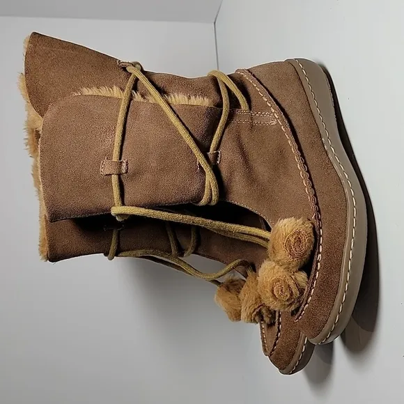 Steve Madden P-Pop Boots Moccasins Suede Faux Fur Tie Pompoms Mid-Calf Brown 7