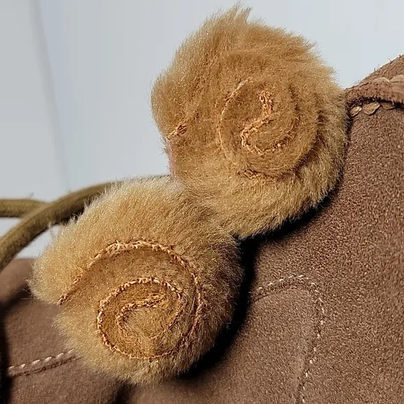 Steve Madden P-Pop Boots Moccasins Suede Faux Fur Tie Pompoms Mid-Calf Brown 7