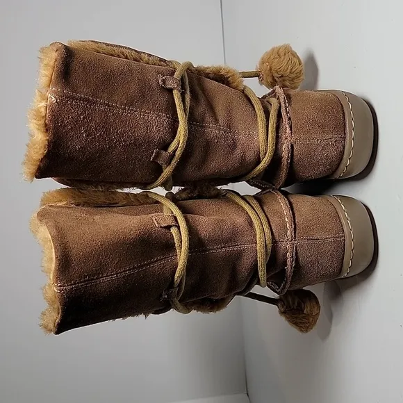 Steve Madden P-Pop Boots Moccasins Suede Faux Fur Tie Pompoms Mid-Calf Brown 7