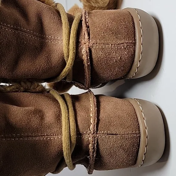 Steve Madden P-Pop Boots Moccasins Suede Faux Fur Tie Pompoms Mid-Calf Brown 7