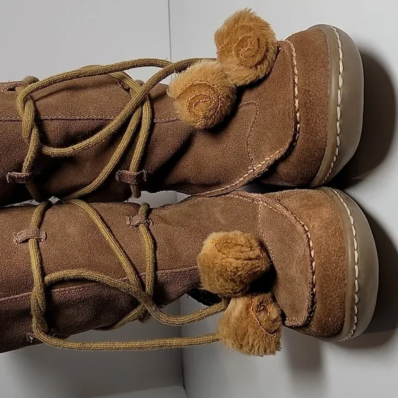 Steve Madden P-Pop Boots Moccasins Suede Faux Fur Tie Pompoms Mid-Calf Brown 7