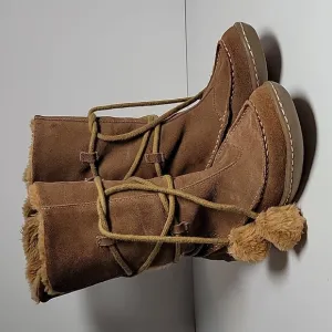 Steve Madden P-Pop Boots Moccasins Suede Faux Fur Tie Pompoms Mid-Calf Brown 7