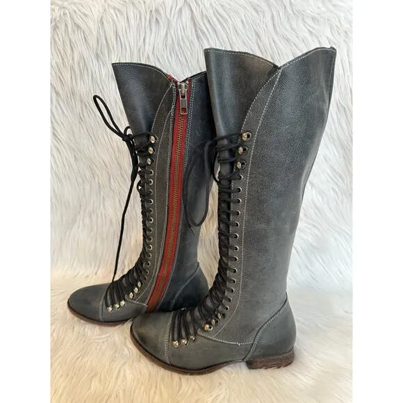 Steve Madden Perrin Tall Lace-Up Military Boots Leather Knee High Flat, Gray