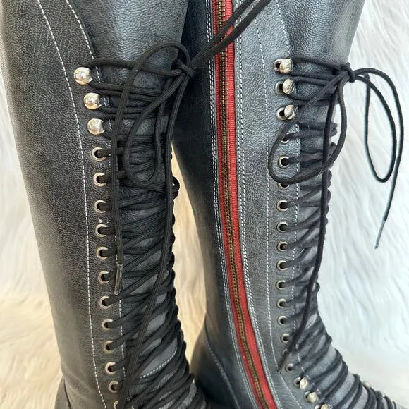 Steve Madden Perrin Tall Lace-Up Military Boots Leather Knee High Flat, Gray