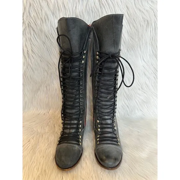 Steve Madden Perrin Tall Lace-Up Military Boots Leather Knee High Flat, Gray