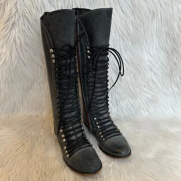 Steve Madden Perrin Tall Lace-Up Military Boots Leather Knee High Flat, Gray