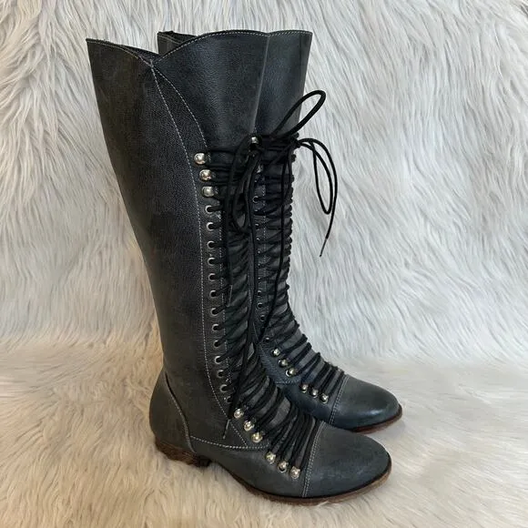 Steve Madden Perrin Tall Lace-Up Military Boots Leather Knee High Flat, Gray