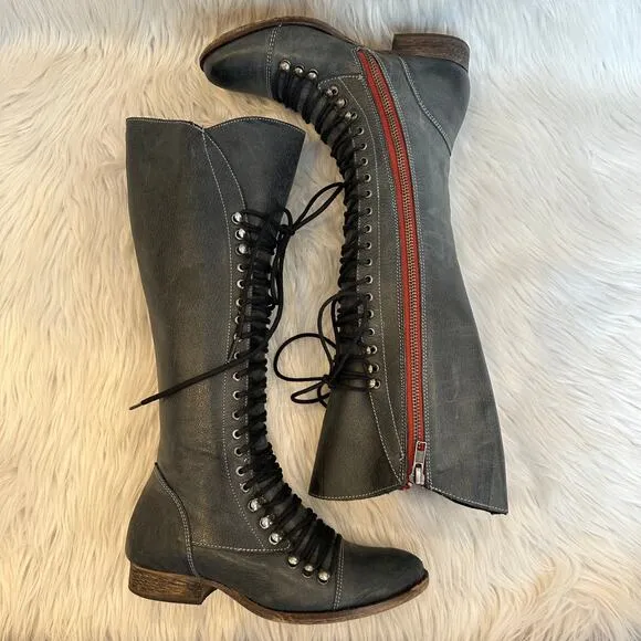 Steve Madden Perrin Tall Lace-Up Military Boots Leather Knee High Flat, Gray