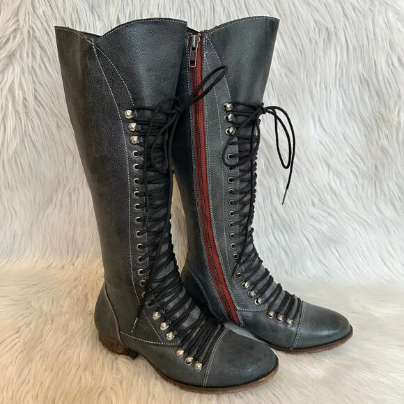 Steve Madden Perrin Tall Lace-Up Military Boots Leather Knee High Flat, Gray