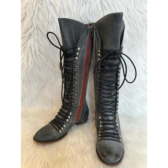 Steve Madden Perrin Tall Lace-Up Military Boots Leather Knee High Flat, Gray