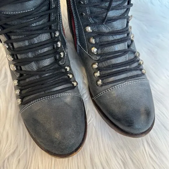 Steve Madden Perrin Tall Lace-Up Military Boots Leather Knee High Flat, Gray
