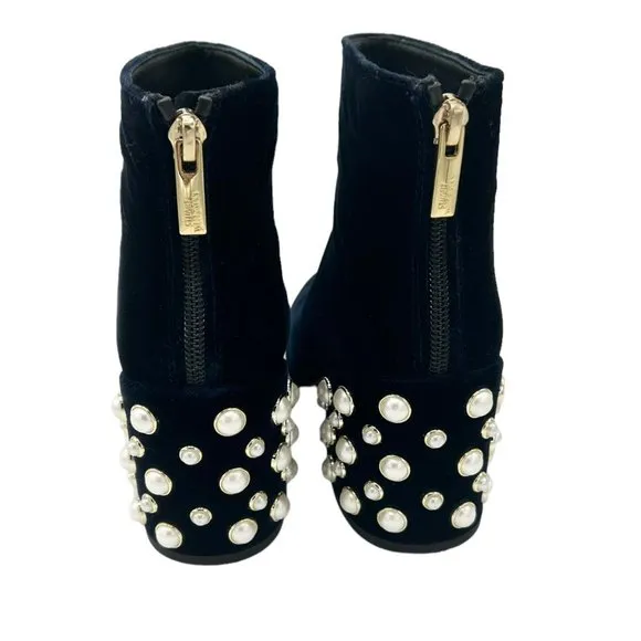 Stuart Weitzman Bacari Navy Velvet Pearl Heeled Boots