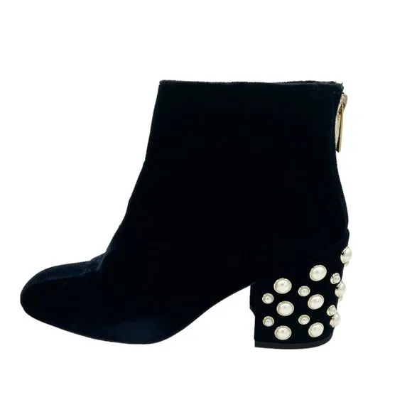 Stuart Weitzman Bacari Navy Velvet Pearl Heeled Boots