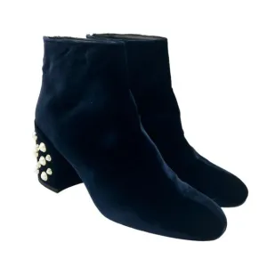 Stuart Weitzman Bacari Navy Velvet Pearl Heeled Boots