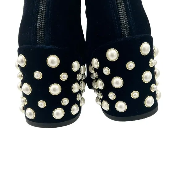 Stuart Weitzman Bacari Navy Velvet Pearl Heeled Boots