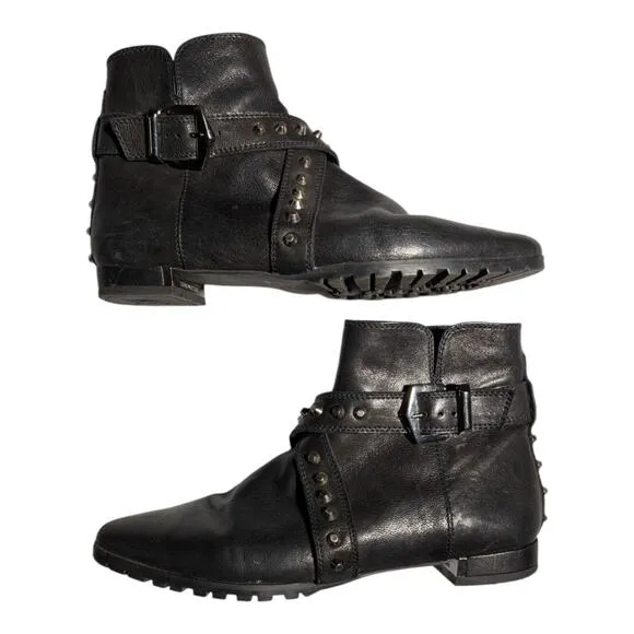 Stuart Weitzman Black Leather Pointed Toe Studded Strap Buckle Ankle Boots Sz 9